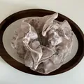 Double-layered organza scrunchie with vintage brown floral patterns and central label - Khaki