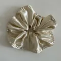 Macro detail of champagne satin scrunchie with elegant silver bead trim and soft pleats - Off-white
