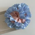 Blue and pink two-tone pleated scrunchie with rib-knit fabric and ruffled flower edges - Blue and Pink
