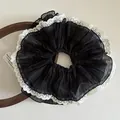 Elegant oversized black pleated scrunchie with white lace trim and ruffle edge - Black