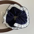 Dark blue checkered scrunchie with white ruffled edges and black wavy stitching finish - Solid Navy Blue