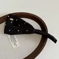Elegant black satin banana hair clip with white polka dots and golden metal plate detail - Black Polka Dot