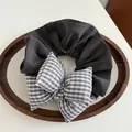 Large grey checkered bow scrunchie for women with textured fabric design for ponytails - Grey Plaid Style (A08-5-4421) / Black