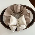 Oversized khaki scrunchie with yellow and off-white striped bow in cotton-linen fabric - Yellow Striped Style (A08-5-4421) / Apricot