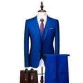 Slim fit driedelig herenpak in koningsblauw met colbert vest en bijpassende broek - Saffierblauw