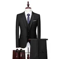 Slim fit heren driedelig zwart pak met gilet en premium leren zakelijke schoenen - M / Set / Zwart