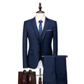 Donkerblauw slim fit 3-delig herenpak met vest en donkerbruine leren herenschoenen - Blauw