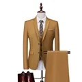 Heren slim fit driedelig kaki zakelijk pak met jasje, vest, pantalon en leren schoenen - Khaki