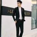 Slim fit men's black single-button suit set with trousers and white formal shirt - M / Top And Bottom / Black