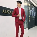 Slim fit burgundy men's suit set with single-breasted jacket and trousers in modern style - M / Top And Bottom / Burgundy