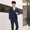 Slim fit dark blue three-piece suit with blazer, vest and trousers for formal business wear - M / Top And Bottom / Sapphire Blue