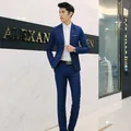 Slim fit dark blue men's suit set with one-button blazer and matching trousers - Royal Blue Two-piece Set / 3XL