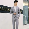 Slim fit light gray two-piece men suit with single button blazer and matching trousers - Gray 2-Piece Set / 3XL