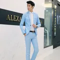 Slim fit light blue men's suit with single button blazer and matching trousers - Sky Blue Two-piece Set / 3XL