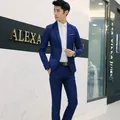 Slim fit dark blue men's suit with single breasted blazer and matching trousers - Lake Blue Two-piece Set / 3XL