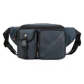 Waterproof navy blue nylon waist bag for men featuring three pockets and orange zipper pulls - Dark Blue