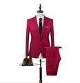 Slim fit burgundy men's suit set with single button blazer and matching trousers - Burgundy + Vest Three-piece Set / M