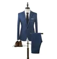 Slim fit dark blue men's single-breasted suit set including matching trousers and tie - Royal Blue + Shirt Three-piece Set / M