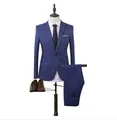 Slim fit dark blue men's single-breasted suit set with matching trousers and brown shoes - Lake Blue + Shirt Three-piece Set / M