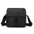 Waterproof nylon crossbody messenger bag in black with flap closure and orange brand tag - Black