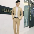 Slim fit khaki suit for men featuring a single-button blazer and matching trousers - Khaki 2-Piece Set / 3XL
