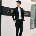 Men's slim fit black single button business suit set with jacket and trousers - Black 2-Piece Set / 3XL