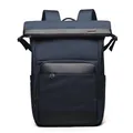 Sac à dos d'affaires bleu marine en nylon imperméable avec détails en cuir et roll-top - Bleu clair