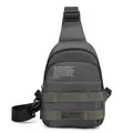 Water-resistant dark gray chest bag with tactical webbing and white text print - Gray
