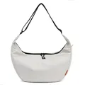 Borsa a tracolla a mezzaluna in nylon grigio chiaro con tracolla nera e etichetta arancione - Bianco avorio