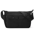 Minimalist black nylon messenger bag with adjustable strap and front utility pockets - Black