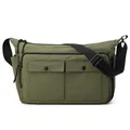 Minimalist army green nylon messenger bag with dual front flap pockets and wide strap - Army Green
