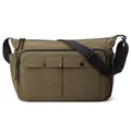Army green nylon messenger bag with two front pockets and wide adjustable strap - Brown