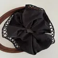 Black fabric hair scrunchie with hollow lace edge and handmade tag in French style - Black