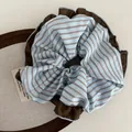 Chic blue and brown striped oversized scrunchie with ruffled trim for ponytail styling - Striped Style Blue Brown Stripe