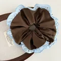 Brown fabric scrunchie with light blue polka dot ruffle edge for elegant ponytails - Coffee Style Polka Dot Ruffle