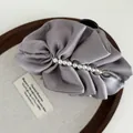 Elegant grey satin hair claw clip with white pearl strand and pleated silk finish - Gray Blue