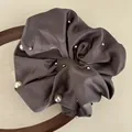 Dark brown satin scrunchie with white faux pearls and small silver metal studs - Dark Gray