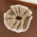 Camel knit scrunchie with cream lace trim made of soft yarn for elegant hairstyles - Khaki
