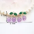 Purple resin cherry charms with green leaves and gold hooks for DIY jewelry making - Purple Cherry