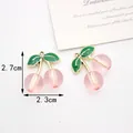 Pink translucent cherry charm pendant with green leaves and gold stem for DIY jewelry - Transparent Pink Cherry