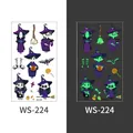 Luminous Halloween cartoon tattoo stickers featuring green glow-in-the-dark witch and pumpkins - Little Witch and Broom Style (WS-224)