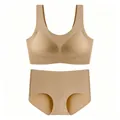 Nahtloses beiges Set aus BH und Slip ohne Bügel mit U-Ausschnitt für Damen - S / Dunkelbeige