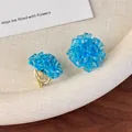 Close-up of blue beaded hydrangea clip-on earrings with faceted crystal beads - Blue Ear Clip Style (26801E)