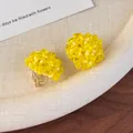 Detail view of yellow beaded hydrangea studs with vibrant crystal spheres and gold backing - Yellow Ear Clip Style (26801G)