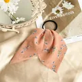 Elastic floral hair scrunchie in orange pink with long streamers and vintage style - C10-02-67