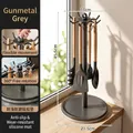 Gunmetal gray rotating kitchen utensil rack with 6 hooks and wooden handle tools - Rotating Floor Utensil Rack / Gunmetal