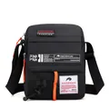 Men's black nylon crossbody bag with orange zipper accents and industrial style prints - Black