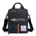 Men's casual crossbody canvas bag in navy blue and black with orange zipper accents - Dark Blue