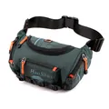 Dark green outdoor waist bag with orange zippers and multiple functional compartments - Dark Green