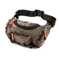 Waterproof green camouflage tactical waist bag with orange accents and multiple zippers - Camouflage